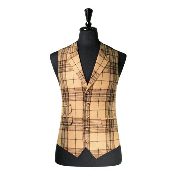 Mens 42R Wool Vest Beige Brown Rust Tartan Plaid Waistcoat Preppy Casual Formal - Picture 1 of 10
